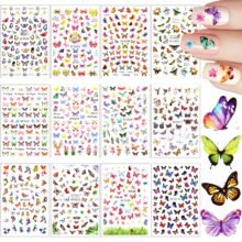 12 Sheets Butterfly Nail Art Stickers Self-Adhesive Butterfly Flower Pattern Nail Decals Colorful Mixed Design
