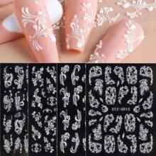 4 Sheets Flower Nail Art Sticker Decals 5D Stereoscopic Embossed Acrylic Nail Stickers Self Adhesive Nail Art Supplies White Lace Retro Floral Nail Designs DIY Manicure Decoration for Women Girls