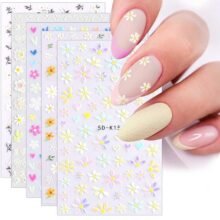 5 Sheets 3D Embossed Flower Nail Art Stickers Decals 5D Self-Adhesive Pegatinas Uñas Colorful Daisy Blossom Floral Nail Supplies Nail Art Design Decoration Accessories