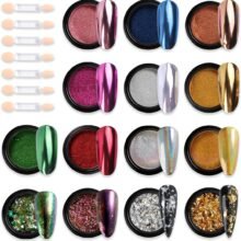 Chrome Nail Powder Set 14 Colors Pink Blue Silver Metallic Effect Mirror Powder for Nails With Brushes Holographic Pigment Chameleon Flakes for Nails Gold Leaf Decoration Nail Supplies