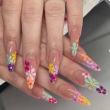 Foccna Acrylic Fake Nails Stiletto Long Press on Nails Summer Nails Flower Design Luxury Clear False Nail Tip