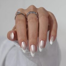 French Tip Press On Nails White Almond Press on Nails Medium Chrome Glue On Nails for Gifts Natural