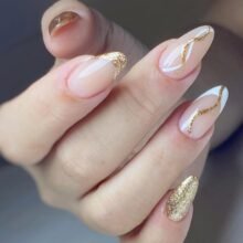 French Tip Press on Nails Medium Almond Fake Nails Glossy Glue on Nails