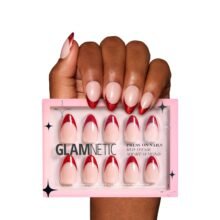 Glamnetic Press On Nails - Red Affair | Short Almond Red Glitter French Tip Nails with a Glossy Finish