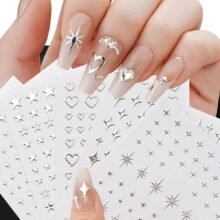 Liquid Metallic Mirror Silver Nail Stickers for Women 3D Star Nail Stickers Hollow Out Heart Nail Decals for Nail