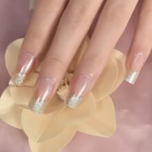 Medium Length Press on Nails Transparent Gold Glitter French False Nails Salon Manicure