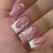 Medium Long Square French White Acrylic Fake Nails with Ombre Flower Design