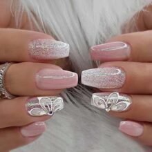 Ombre Press on Nails Medium Square Fake Nails with French Designs Gradient Flower