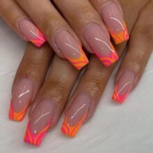 ress on Nails Long Coffin French Tip Fake Nails Ballerina Ombre Acrylic Nails Blooming Glossy Glue on Nails Orange Swirl Designs False Nails 24 pcs